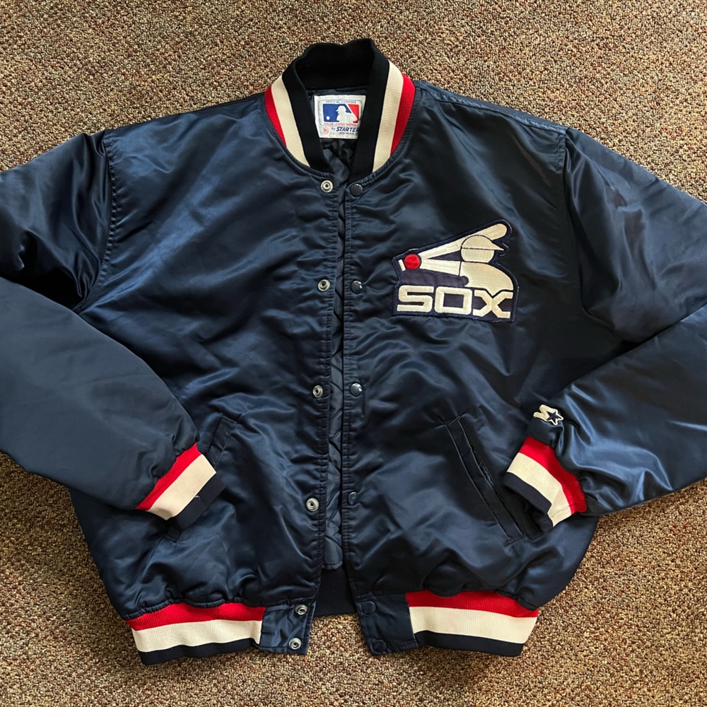 Vintage 80’s Chicago White Sox Navy Blue Starter Jacket with Striped Accents